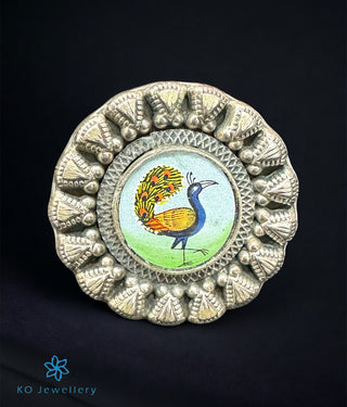 The Hritvi Silver Handpainted Peacock Open Finger Ring