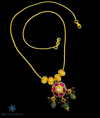  Gold plated silver kundan necklace with a pink floral pendant and dangling beads