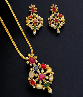 The Payal Silver Navratna Pendant & Earrings