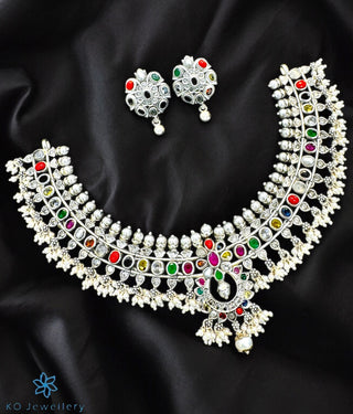 The Arohi Silver Navratna Guttapusalu Necklace (Oxidised)