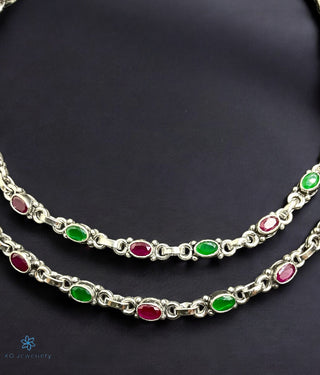 Aakriti Silver Gemstone Anklets with red and green stones in sterling silver