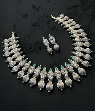 The Ajara Nakshi Silver Peacock Necklace & Earrings (Oxidised)