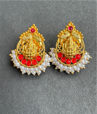 The Svarna Silver Lakshmi Pearl Earrings (Red)