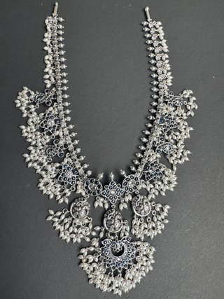 The Marala Silver Guttapusalu Necklace (Oxidised/Blue/Rice Pearl)