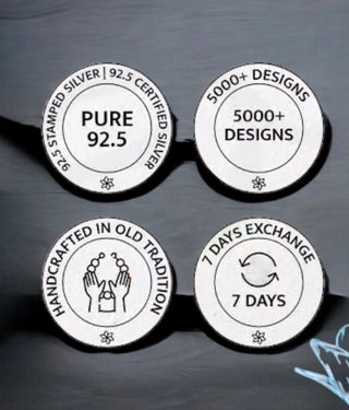 Tags displaying features of Ziva Silver Marcasite Cocktail Earrings: pure 92.5 silver, 5000+ designs, handcrafted, and 7-day exchange.