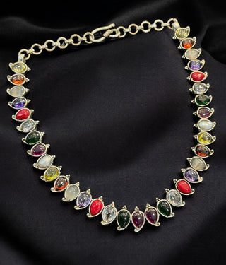 The Aru Silver Navratna Necklace (Oxidised)