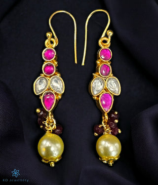 Close-up of Aalia Silver Kundan Earrings with pink stones and pearls.