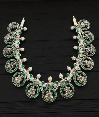 The Jahnavi Nakshi Lakshmi Silver Necklace & Earrings (Oxidised)