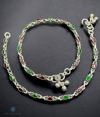 Aakriti Silver Gemstone Anklets with colorful stones and silver links