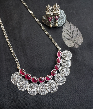 The Prarthana Silver Lakshmi Coin Necklace & Earrings (Oxidised)
