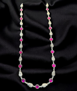 The Varunya Nakshi Silver Peacock Necklace & Earrings (Red)