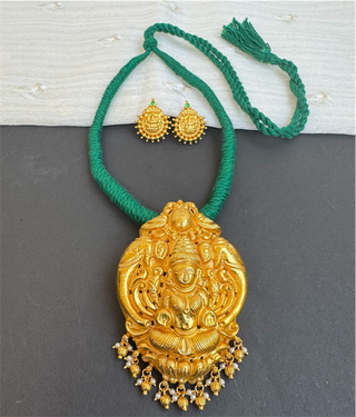 The Narayani Silver Lakshmi Thread Necklace (Green)