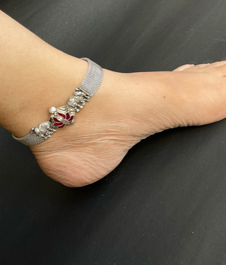 The Kunjara Elephant & Lotus 925 Sterling Silver Mesh Anklets