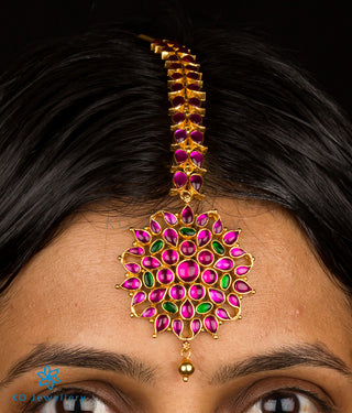 Bridal maang tikka temple jewellery with kempu stones