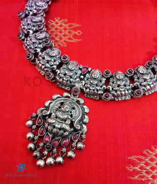 The Padmakshi Antique Silver Lakshmi Necklace (Oxidised)