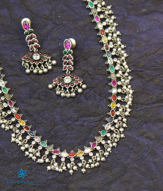 The Prerna Silver Navratna Necklace (Oxidised/Long)