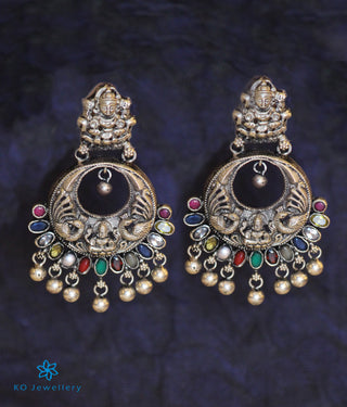 The Shraddha Antique Silver Navaratna Chand Bali (Oxidised)