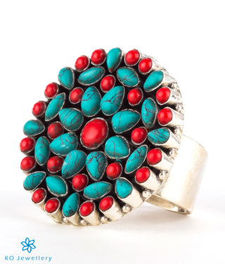 The Prisha Silver Gemstone Cocktail Finger-ring(Coral/Turquoise)