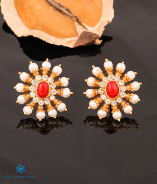 The Gajra Silver Ear-studs (Coral/Pearl)