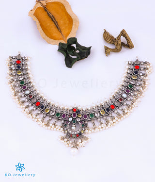 The Arohi Silver Navratna Guttapusalu Necklace (Oxidised)