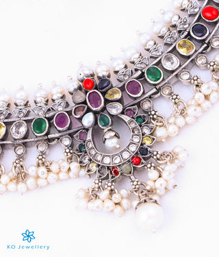 The Arohi Silver Navratna Guttapusalu Necklace (Oxidised)