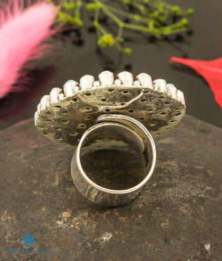 The Prisha Silver Gemstone Cocktail Finger-ring(Pearl/Turquoise)