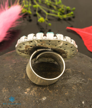 The Chitrani Silver Gemstone Cocktail Finger-ring (Coral/Turquoise)