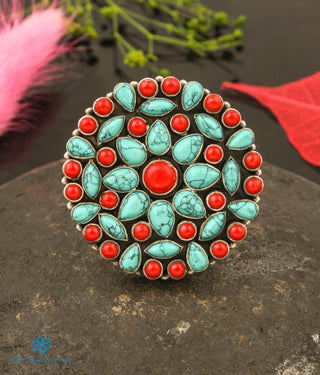 The Prisha Silver Gemstone Cocktail Finger-ring(Coral/Turquoise)