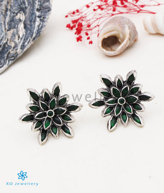 The Padma Silver Lotus Ear-studs (Green/Oxidised)