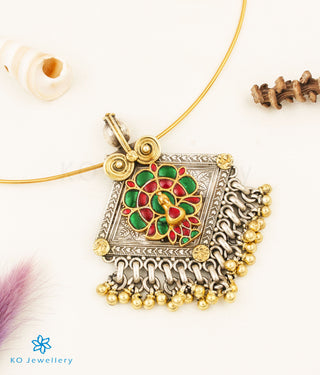 The Aariya Antique Silver Peacock Kundan Pendant (2 Tone)