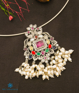 The Sattva Silver Navratna Peacock Pendant