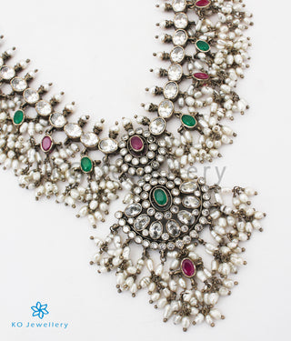 The Tarini Silver Guttapusalu Necklace-Long (White/Oxidised)