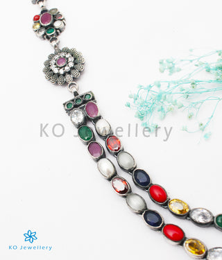 The Emaya Silver Navaratna Necklace(2 Layers/Oxidised)