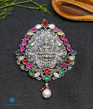 The GajaLakshmi Silver Navratna Pendant( Oxidised)