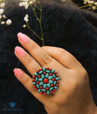 The Prisha Silver Gemstone Cocktail Finger-ring(Coral/Turquoise)