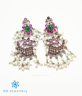 The Varuna Silver Fish Earrings (Oxidised/Rice Pearls)